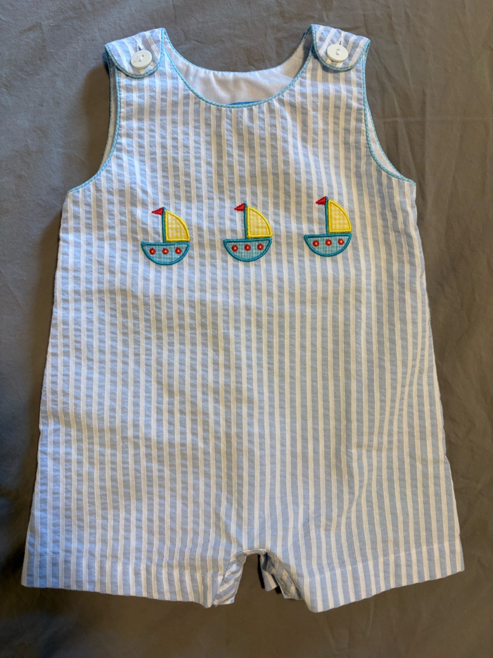 Anavini 6M Blue and White Linen Saiboat Smocked Sleeveless Romper Jon Jon